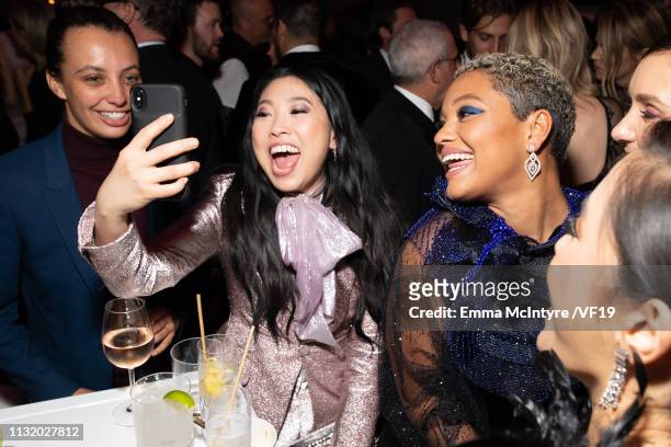Awkwafina and Kiersey Clemons attend the 2019 Vanity Fair Oscar Party hosted by Radhika Jones at Wallis Annenberg Center for the Performing Arts on...