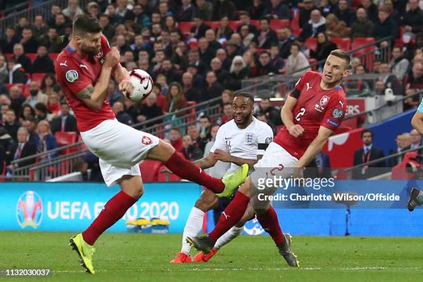 Ondrej Celustka of Czech scores an own goal after deflecting the shot of Raheem Sterling of England during the 2020 UEFA European Championships group...