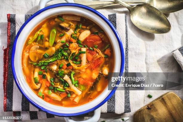 shitake mushroom and white bean minestrone with chives - comfort food stock pictures, royalty-free photos & images