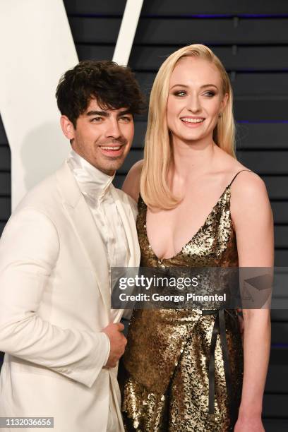 Joe Jonas and Sophie Turner attend the 2019 Vanity Fair Oscar Party hosted by Radhika Jones at Wallis Annenberg Center for the Performing Arts on...