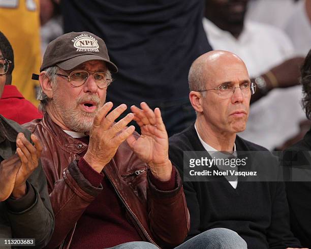 Steven Spielberg and Jeffrey Katzenberg attend the game between the New Orleans Hornets and the Los Angeles Lakers at Staples Center on April 26,...