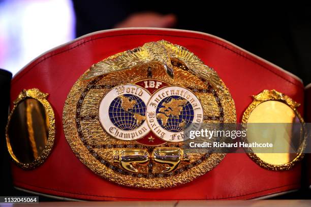 Detailed view of the IBF World Champion belt during an Anthony Joshua and Jarrell Miller Press Conference ahead of their fight in June 2019 for the...