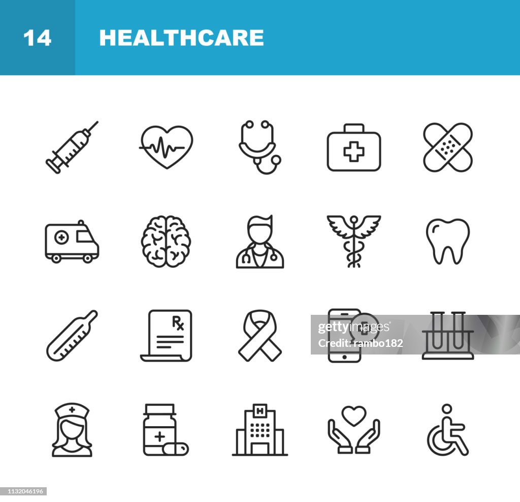 Icons der Gesundheits-und Medizinlinie. Bearbeitbare Stroke. Pixel Perfect. Für Mobile und Web. Enthält solche Ikonen wie Gesundheit, Krankenschwester, Krankenhaus, Medizin, Ambulanz.