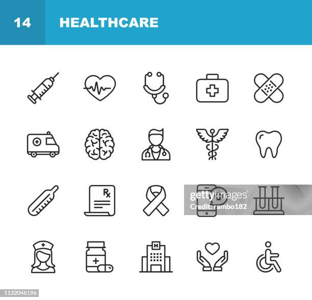 healthcare and medicine line icons. editable stroke. pixel perfect. for mobile and web. contains such icons as healthcare, nurse, hospital, medicine, ambulance. - medicine stock illustrations