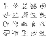 set of pollution icons, such as, pollution, dirty, bin, plastic, industry waste , world water day, waste