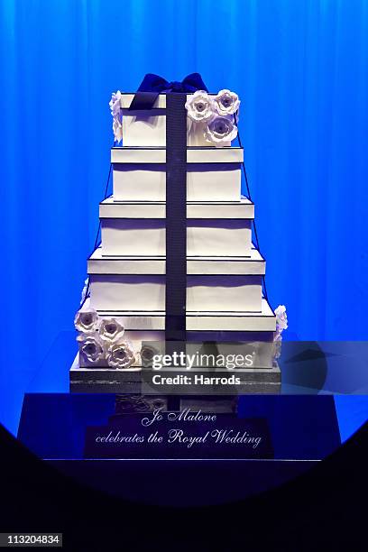 Wedding cake designed by Jo Malone on display at Harrods on April 26, 2011 in London, England. Harrods commemorates the royal wedding with an...