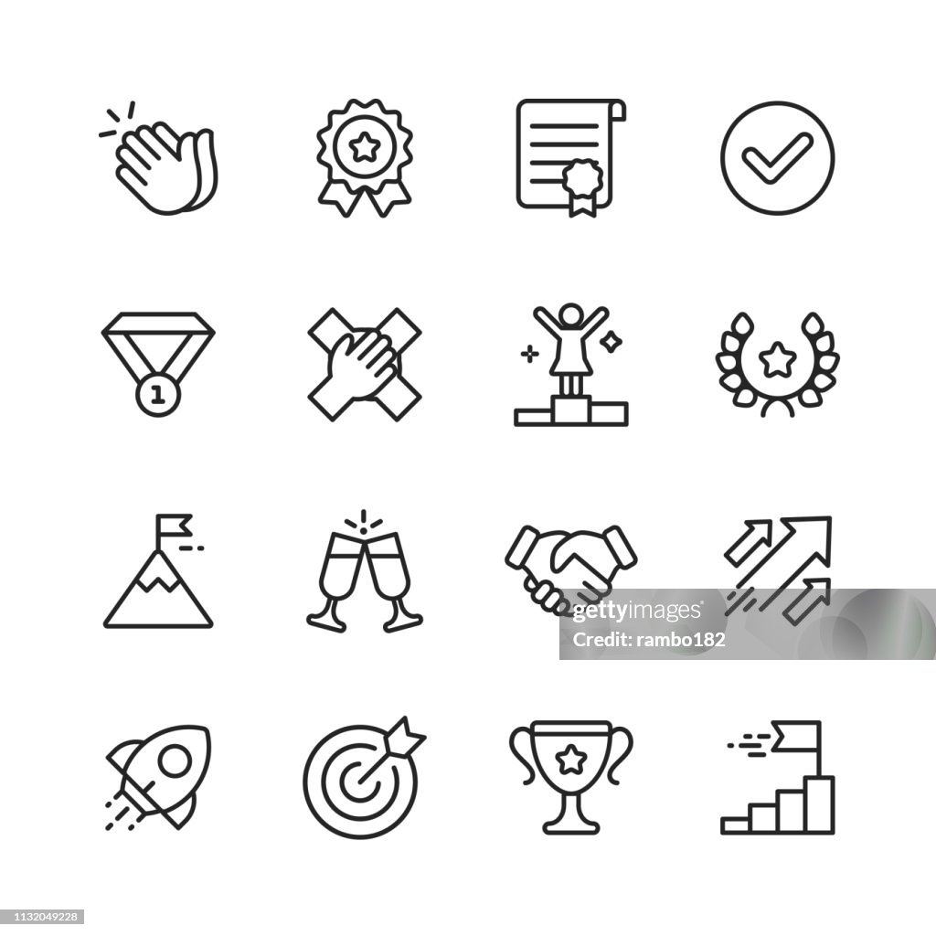 Succes lijn iconen. Bewerkbare lijn. Pixel perfect. Voor mobiel en web. Bevat iconen zoals applaus, medaille, trofee, Champagne, StartUp, handshake.