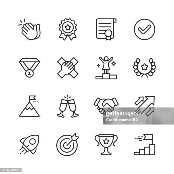 ilustrações de stock, clip art, desenhos animados e ícones de success line icons. editable stroke. pixel perfect. for mobile and web. contains such icons as applause, medal, trophy, champagne, startup, handshake. - aplaudir