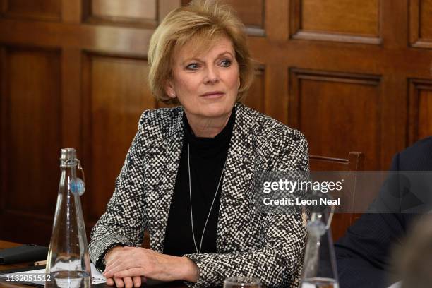 Former Conservative MP Anna Soubry sits with other members of the independent group of MPs as it holds its inaugural meeting at the Institute of...