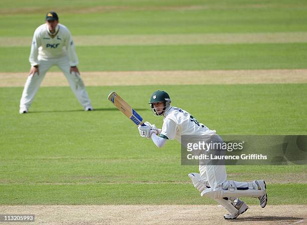 Matt Pardoe of Worcestershire hits out during the LV County Championship match between Nottinghamshire and Worcestershire at Trent Bridge on April...