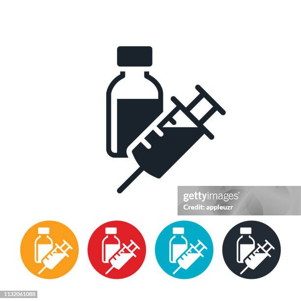 ilustraciones, imágenes clip art, dibujos animados e iconos de stock de icono de frasco de jeringa y medicamento - vacunación