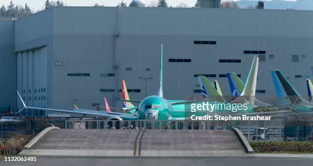 Boeing 737 MAX 8 airplane is pictured outside the company's factory on March 22, 2019 in Renton, Washington. 737 MAX airplanes have been ground by...