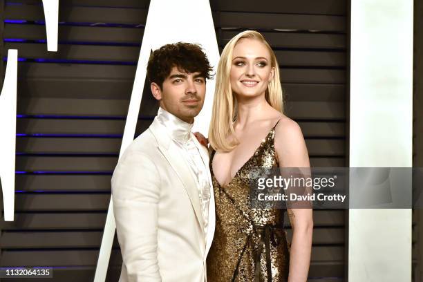Joe Jonas and Sophie Turner attend the 2019 Vanity Fair Oscar Party at Wallis Annenberg Center for the Performing Arts on February 24, 2019 in...