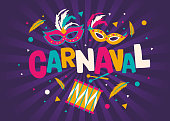 Carnival card or banner with typography design, confetti and hanging flag garlands