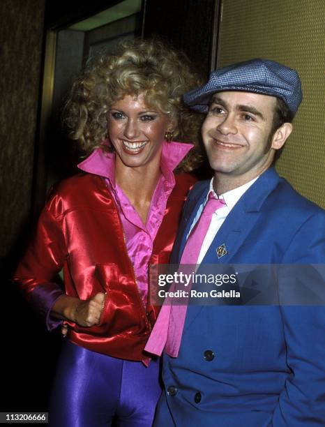 Singer Olivia Newton-John and musician Elton John attend the "Grease" Premiere Party on June 13, 1978 at Studio 54 in New York City.