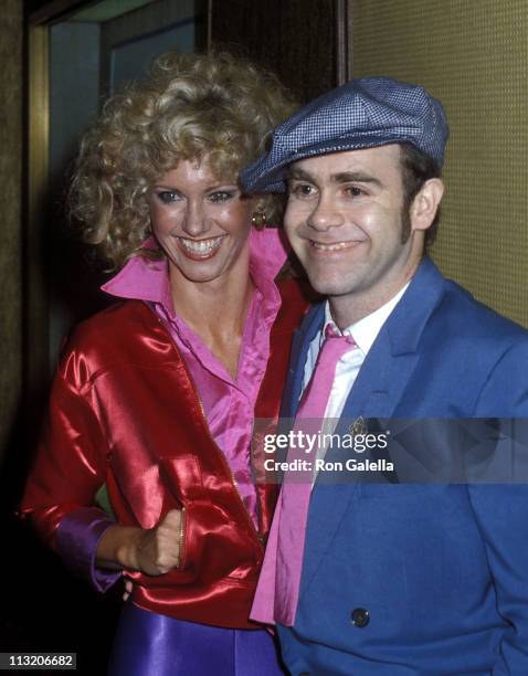 Singer Olivia Newton-John and musician Elton John attend the "Grease" Premiere Party on June 13, 1978 at Studio 54 in New York City.