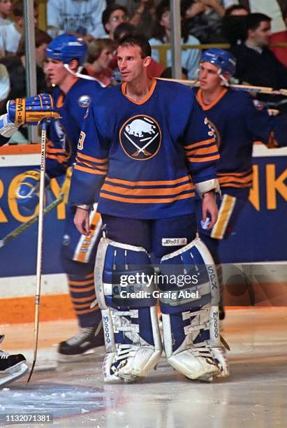 Dominik Hasek of the Buffalo Sabres skates against the Toronto Maple Leafs during NHL preseason game action on September 17, 1994 at Maple Leaf...