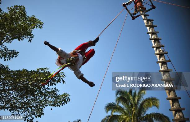 Totonac natives perform the "Voladores" ritual during a tranning session, at Papantla Indigenous Arts Centre, ahead of the Tajin Summit Festival...