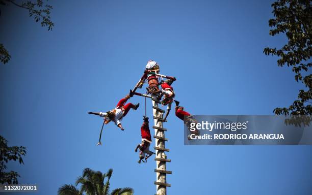 Totonac natives perform the "Voladores" ritual during a tranning session, at Papantla Indigenous Arts Centre, ahead of the Tajin Summit Festival...