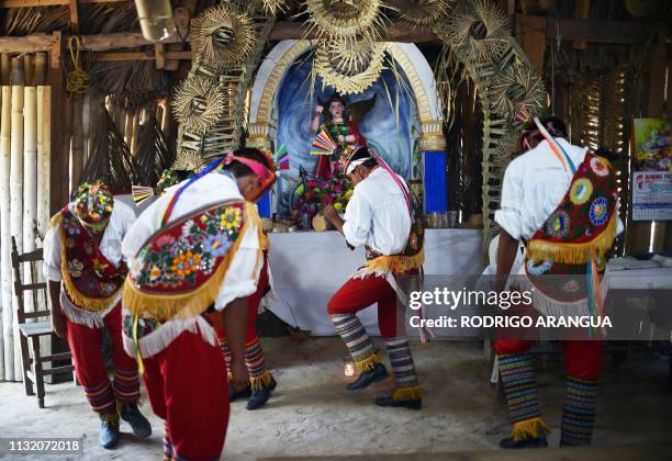 Young Totonac natives dance at Papantla Indigenous Arts Centre ahead of the Tajin Summit Festival -aimed at preserving the Totonac legacy- in...