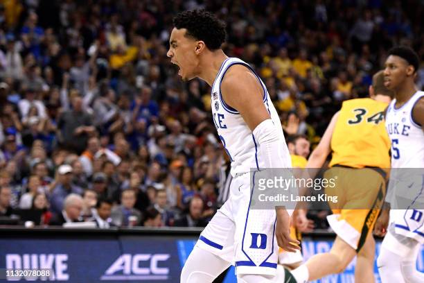Tre Jones of the Duke Blue Devils reacts in the second half of their game against the North Dakota State Bison during the first round of the 2019...