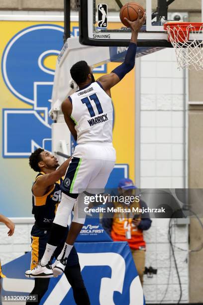 Hakim Warrick of the Iowa Wolves puts the shot up over Isaiah Cousins of the Salt Lake City Stars on January 22, 2019 in Taylorsville, Utah. NOTE TO...