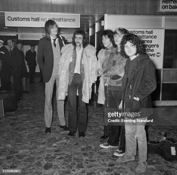Rock band Fleetwood Mac at Heathrow Airport to fly to the US, London, UK, 26th February 1969; they are Mick Fleetwood, John McVie, Peter Green, Danny...