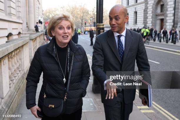 Former Conservative MP Anna Soubry and former Labour MP Chuka Umunna leave the inaugural meeting at the Institute of Civil Engineers on February 25,...