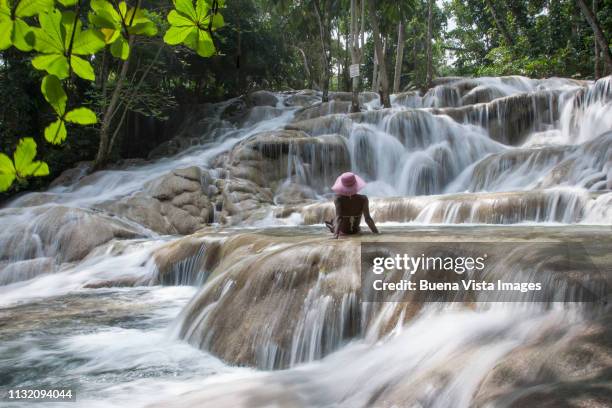 young woman watching waterfall - dunns river falls stock pictures, royalty-free photos & images