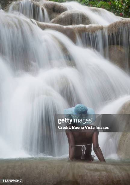 young woman watching waterfall - dunns river falls stock pictures, royalty-free photos & images