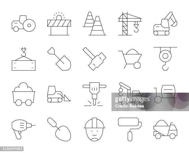 construction - thin line icons - road surfacing machine stock illustrations