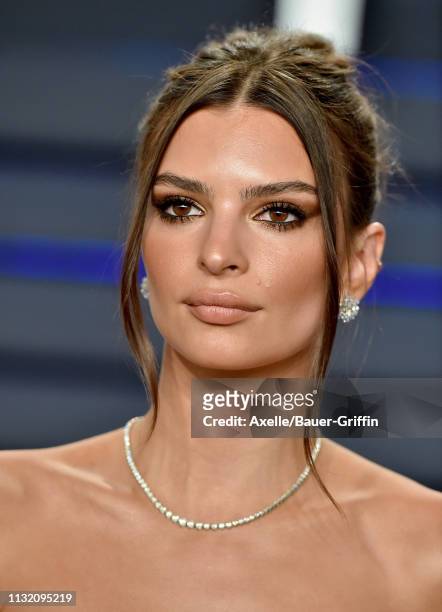 Emily Ratajkowski attends the 2019 Vanity Fair Oscar Party Hosted By Radhika Jones at Wallis Annenberg Center for the Performing Arts on February 24,...