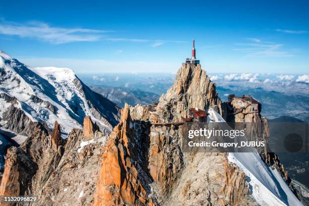 beautiful landscape aerial view of aiguille du midi from mont blanc massif in french alps mountains in autumn - aiguille de midi stock pictures, royalty-free photos & images