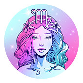 Virgo zodiac sign artwork, beautiful girl face, horoscope symbol, star sign, vector illustration