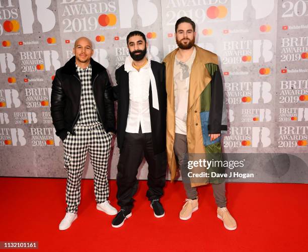 Kesi Dryden, Amir Amor and Piers Agget of Rudimental attend The BRIT Awards 2019 held at The O2 Arena on February 20, 2019 in London, England.