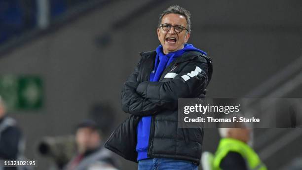 Head coach Norbert Meier of Uerdingen reacts during the 3. Liga match between KFC Uerdingen 05 and SC Preussen Muenster at Schauinsland-Reisen-Arena...