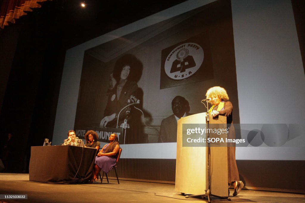 Angela Davis seen during her speech in Montevideo.

In the...