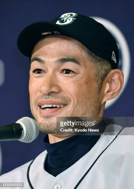 Seattle Mariners outfielder Ichiro Suzuki holds a press conference at a Tokyo hotel in the small hours of March 22 announcing his retirement after...
