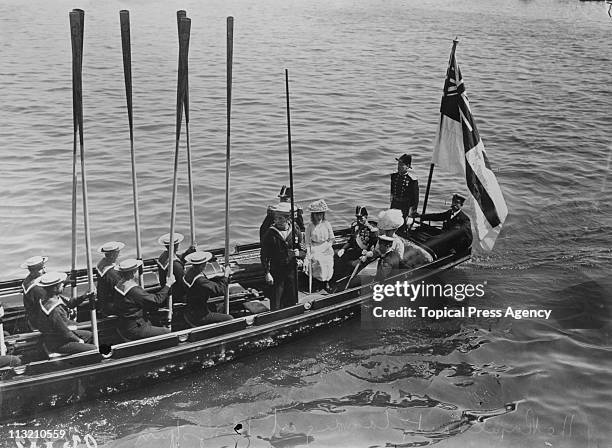 King George V and Queen Mary arrive at Kingstown, later Dun Laoghaire near Dublin, during a visit to Ireland, July 1911. They are accompanied by the...
