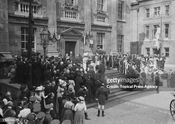 King George V and Queen Mary outside Trinity College in Dublin, during a visit to Ireland, July 1911.