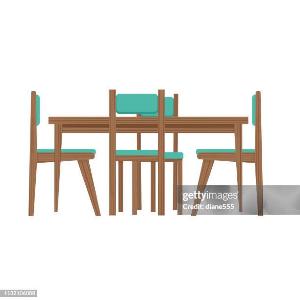 mid-century modern table and chairs - dining table stock illustrations