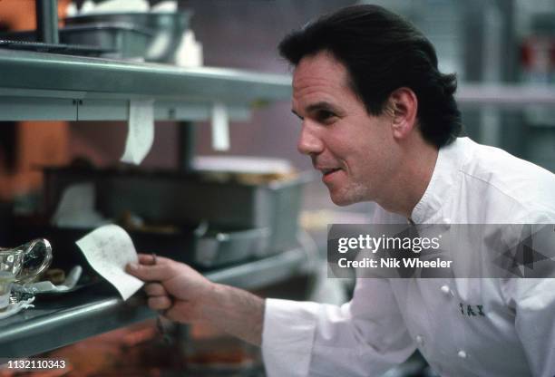 Master Chef Thomas Keller cooks in kitchen of his restaurant in hotel in Los Angeles circa 1996.