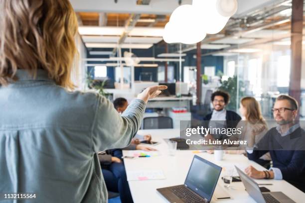 group of business people having meeting in board room - multi ethnic business people having discussion at table in board room stockfoto's en -beelden