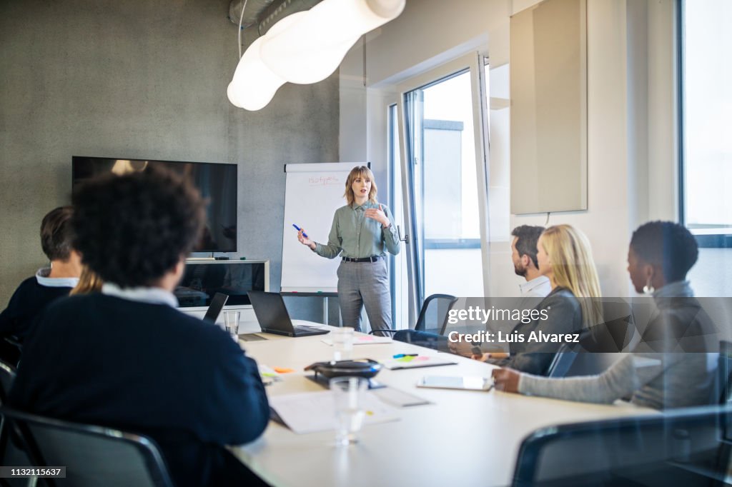 Businesswoman addressing a meeting around board table