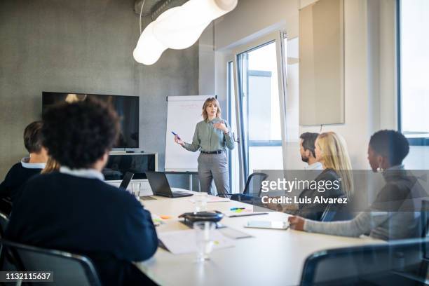 businesswoman addressing a meeting around board table - board room stock-fotos und bilder