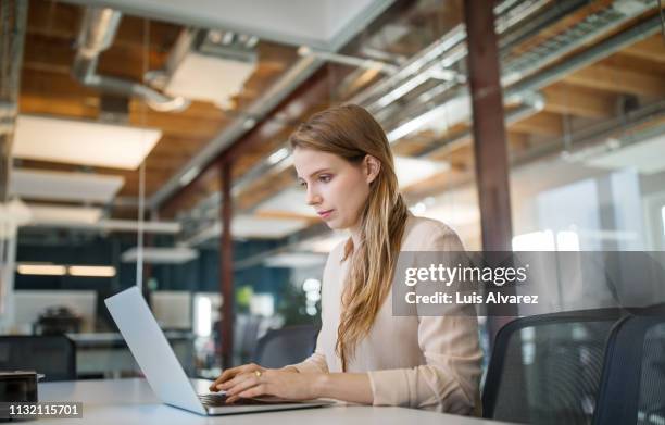 young businesswoman using laptop in office - beige fotografías e imágenes de stock