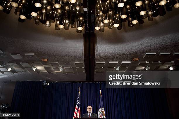 Federal Reserve Chairman Ben Bernanke speaks during his first news briefing at the Federal Reserve's Board of Governors building April 27, 2011 in...