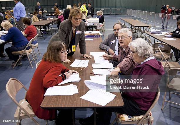 Members of the Milwaukee County Election Commission recount the ballots for the Wisconsin Supreme Court race between incumbent Justice David Prosser...