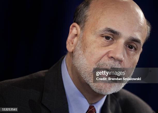 Federal Reserve Chairman Ben Bernanke speaks during his first news briefing at the Federal Reserve's Board of Governors building April 27, 2011 in...