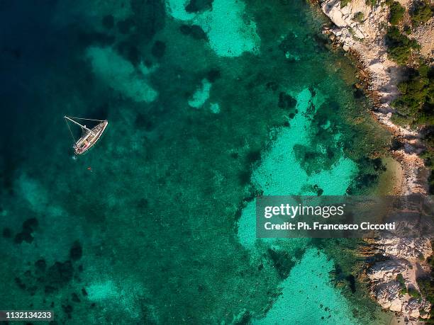 sailboat on emerald sea - insel maddalena stock-fotos und bilder